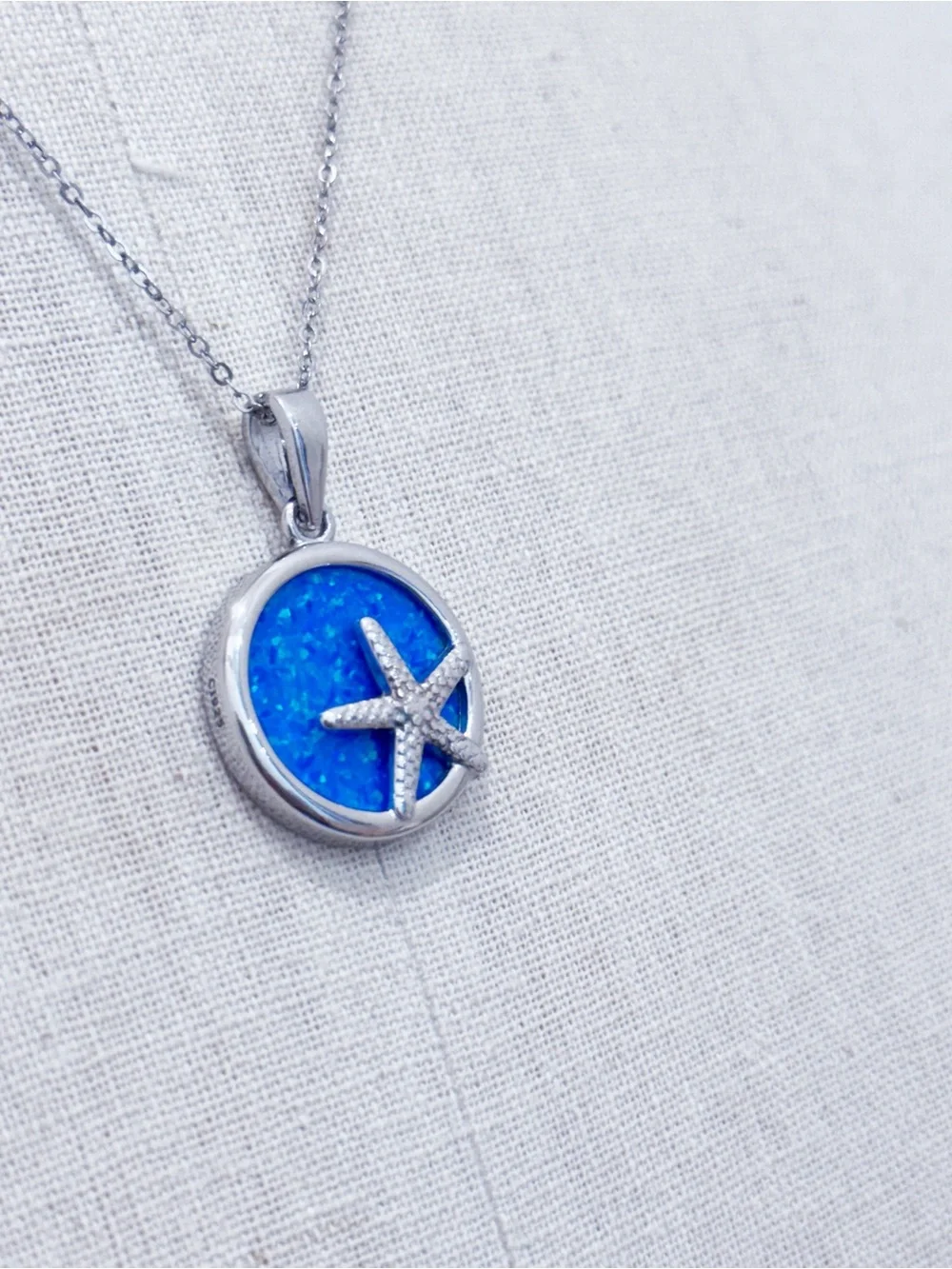 925 Lab Created Blue Opal Starfish Pendant Necklace NEW